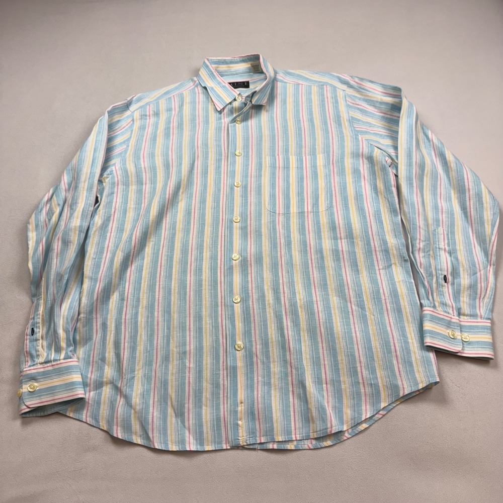 Mine‎ London Milan New York Mens Large 100% Linen Striped Button Down Shirt Blue